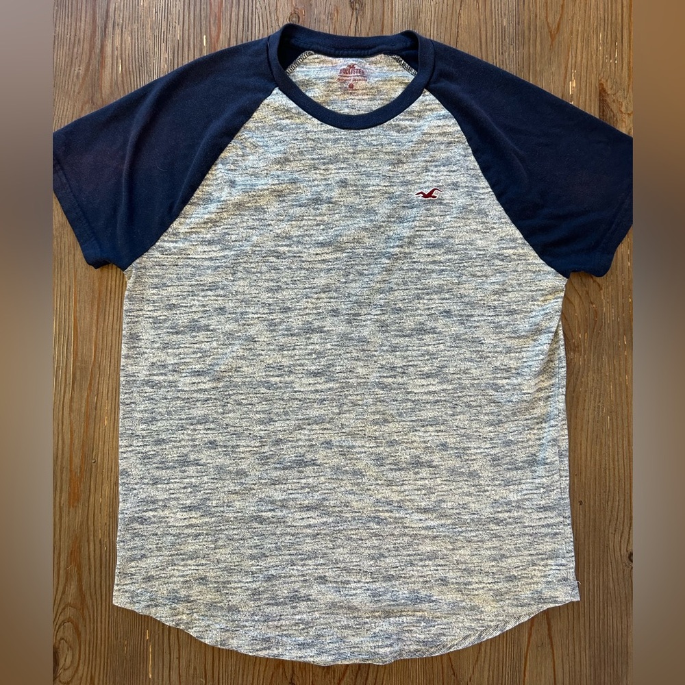 Hollister Grey and Navy Blue Crew Neck Short Sleeve T Shirt Size S